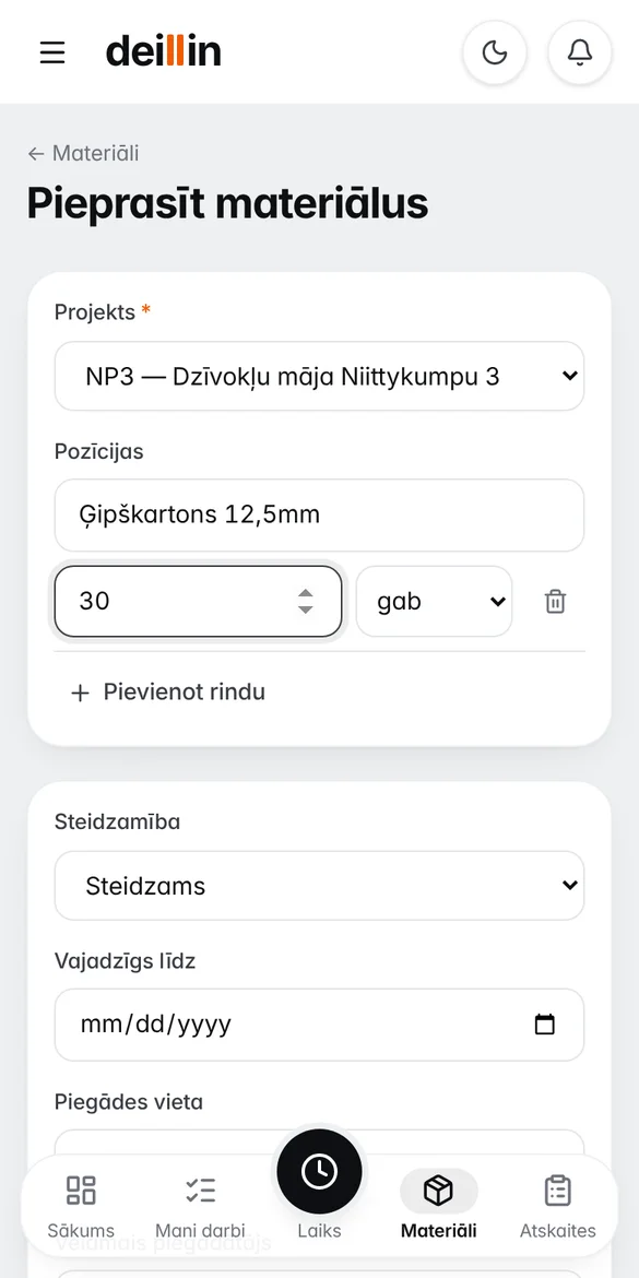 Materiālu pieprasījums telefonā